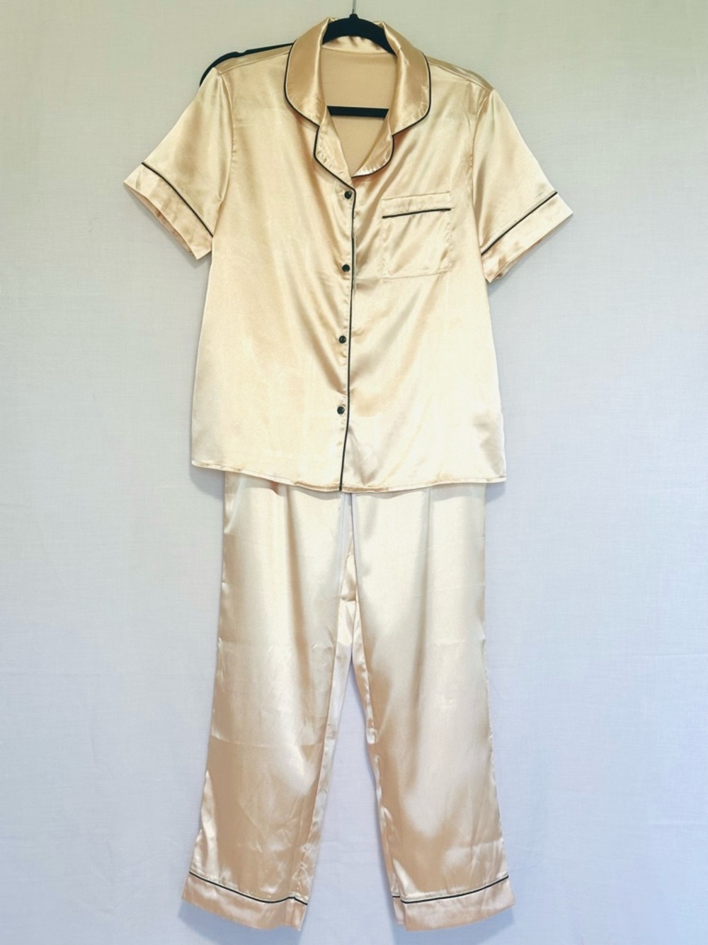 Cupshe Champagne Satin Short-Sleeve Pajama Set with Black Piping